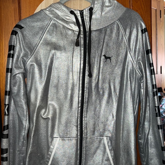 PINK Victoria's Secret Tops - PINK Victoria's Secret Rare Metallic Silver Graphic
Hooded Zip Jacket